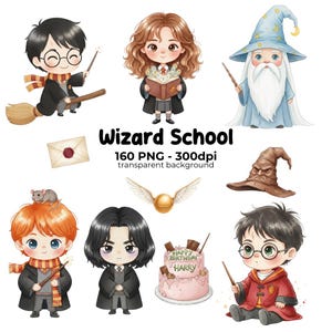Puede incluir: Colección de ilustraciones en acuarela con temática de escuela de magia. Incluye personajes, un sombrero seleccionador, una snitch dorada, una tarta de cumpleaños y el texto "Wizard School".