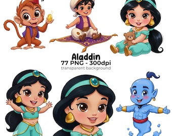 Cute Aladdin and Jasmine Clipart PNG, Arabian princess PNG, Digital Download, PNG image pack of Princess Jasmine, Party png