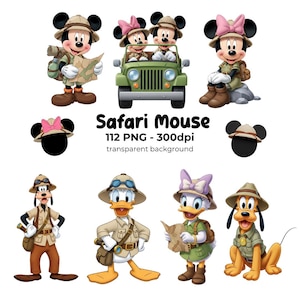 Pode incluir: Ilustração digital com personagens da Disney vestidos com roupas de safari. Mickey e Minnie Mouse, Donald e Margarida, Pateta e Pluto são retratados com mapas e equipamentos de safari. A imagem inclui o texto "Safari Mouse".