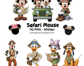 Mickey Safari Clipart PNG, Jungle Animals and Friends, Cute Mickey Safari Kit, Digital Download, Jungle Theme, Digital Kit, Minnie Safari