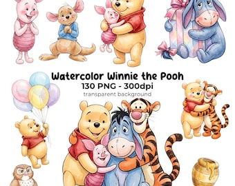 Cute Winnie The Pooh Watercolor PNG Cliparts, Printable Images, cartoon graphics, sublimation, DIGITAL DOWNLOAD, Winnie the Pooh baby shower