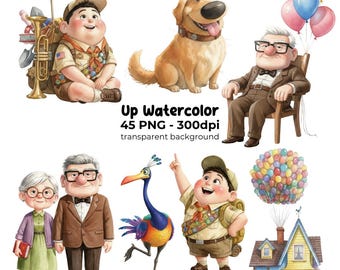 Up Watercolor PNG, Up Clipart, Up Sublimation, Balloon House PNG, Up Poster, Up Birthday, Cute Up Character, Digital Download, Digital Kit