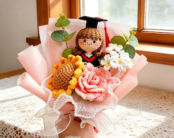 Crocheted Graduation Bouquet with Doll, Custom Floral Home Decor, Custom Doll,Handmade Crochet Graduation Bouquet