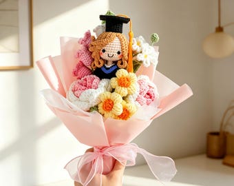 Personalized Crochet Graduation Bouquet with Graduation Doll, Customizable Graduation Keepsake Gift, Everlasting Yarn Flower Bouquet for Her