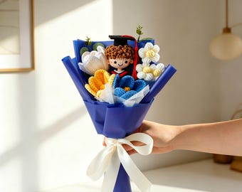 Graduation Crochet Doll Bouquet, Handmade Knitted Flower Grad Gift for College Senior, Keepsake Graduation Present for Him