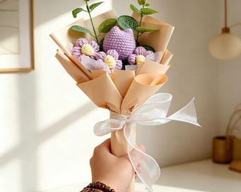 30 cm handgemaakt paars gehaakt tulpenboeket, eeuwig gebreid bloemstuk, voor altijd bloemen aandenken