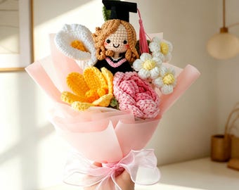 Crochet Graduation Bouquet with Doll, Custom Handmade Flowers, Class of 2026