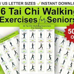 Pode incluir: Um cartaz verde e branco com o texto "16 exercícios de Tai Chi Walking para idosos". O cartaz apresenta ilustrações de exercícios de Tai Chi. Um autocolante vermelho "50% de desconto" é visível. Disponível em tamanhos A4/US letter, download imediato.
