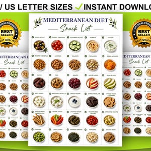 May include: A digital Mediterranean Diet snack list chart featuring thirty numbered bowls of food items. The text reads Mediterranean Diet Snack List, A4/ US Letter Sizes, Instant Download, Best Seller, and Best Quality. The layout is white.