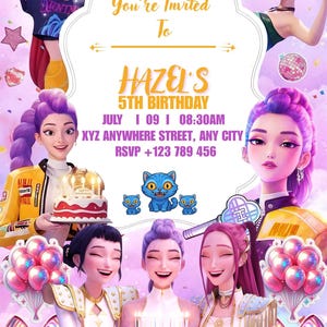 Puede incluir: Una invitación digital para una fiesta de cumpleaños con el texto "You're Invited To HAZEL'S 5TH BIRTHDAY". La invitación presenta ilustraciones de dibujos animados de mujeres sonrientes, pasteles, globos y un gato azul. La fecha y la hora también están incluidas.