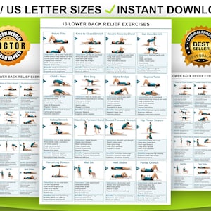 Lower Back Pain Relief Exercises for Seniors - 16 Gentle Stretches Physical Therapy Chart - Sciatica Relief Home Workout Routine Printable