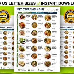 May include: A digital 7-day Mediterranean diet meal plan chart featuring daily breakfast, lunch, and dinner options with calorie counts. The document includes text headers for days of the week, meal categories, and food descriptions in a grid layout.