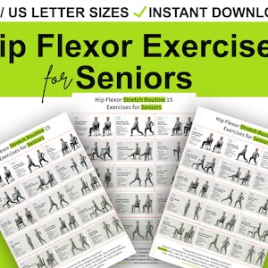 May include: Three printable sheets with exercise diagrams for seniors. The sheets are titled "Hip Flexor Exercises for Seniors" and include instructions for a 15-exercise routine. The top of the image includes the text "A4/US LETTER SIZES" and "INSTANT DOWNLOAD".