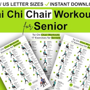 May include: A set of three printable exercise guides for seniors, featuring Tai Chi chair workouts. The guides display illustrations of various exercises with numbered steps. The title "Tai Chi Chair Workouts for Seniors" is prominently displayed in large, bold text.