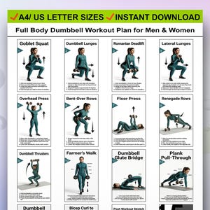 May include: A full-body dumbbell workout plan for men and women, with exercises like goblet squats and dumbbell lunges. The plan includes illustrations and instructions for each exercise, with the text "A4/US LETTER SIZES INSTANT DOWNLOAD".