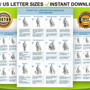 May include: A digital chart titled 30-Day Fall Prevention Exercises for Seniors, featuring twelve illustrated exercise routines with instructions and benefits. The document includes gold badges labeled Doctor Recommended and Best Seller at the top.
