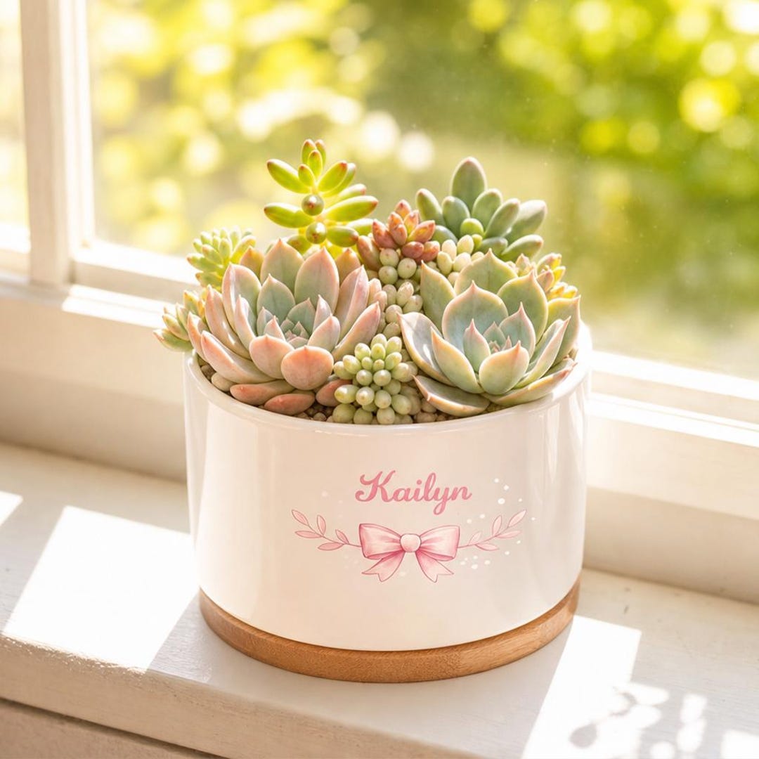 Personalized Colorful Bow Design Ceramic Plant Pot, Custom Girly Bow ...