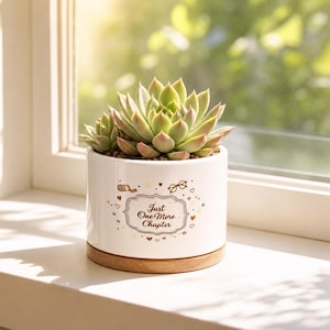 May include: A white ceramic succulent planter with a wooden base featuring a brown graphic design of glasses, a book, and the text Just One More Chapter surrounded by small hearts and stars, containing a green succulent plant with pointed leaves.