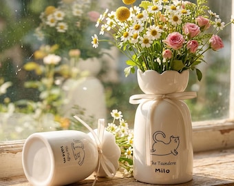 Handmade Cat Personalized Ceramic Flower Vase, Custom Cat Name Flower Shaped Vases, Whimsical Cat Design Home Vase, Gift for Cat Lover