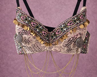 Reggiseno Tribal Fusion per danza del ventre: reggiseno in pizzo fatto a mano con monete e catene drappeggiate, top da festival boho, capo d'abbigliamento unico nel suo genere.