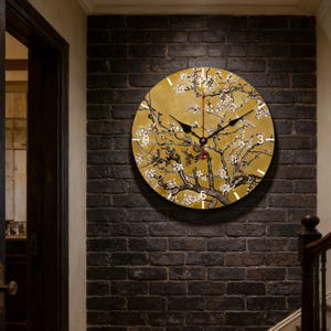 Reloj de pared Van Gogh con diseño de almendro en flor / Decoración floral dorada / Mecanismo silencioso