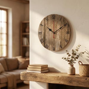 Reloj de pared rústico con números romanos y vetas de madera de granero / Decoración de estilo granja