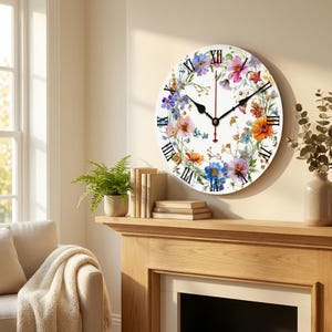 Reloj de pared con números romanos y diseño floral de abejas / Decoración primaveral para el hogar