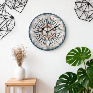 Può includere: Un orologio da parete rotondo con quadrante argentato, con dettagli blu, marroni e rossi che si irradiano dal centro. L'orologio ha lancette nere e un bordo blu scuro. È montato su una parete bianca, con arte geometrica e una pianta sullo sfondo.