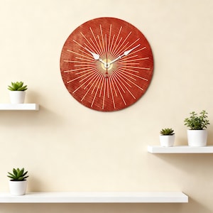 Terracotta Sunburst Wall Clock | Silent Mid-Century Modern Boho Rustic Home Decor