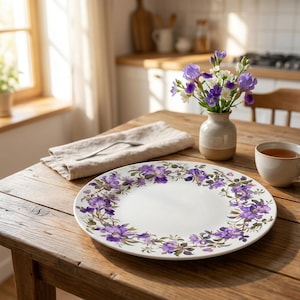 May include: A white ceramic plate with a floral design featuring purple irises and green leaves. The plate is on a wooden table, alongside a linen napkin, a small vase with flowers, and a cup of tea.