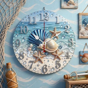 May include: A decorative wall clock with a beach theme. The clock face features a seashell, starfish, and pearl design against a blue ocean backdrop. Silver numerals mark the hours. The clock is surrounded by other beach-themed decor.