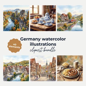 Może przedstawiać: Zbiór akwarelowych ilustracji przedstawiających niemieckie krajobrazy, architekturę i kuchnię. Obrazy obejmują malownicze widoki gór, rzek i miast, a także tradycyjny zestaw do herbaty i talerz z jedzeniem. Tekst brzmi "Germany watercolor illustrations clipart bundle."