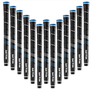 May include: A collection of black golf club grips with blue and white accents. Each grip has a textured surface and the words "Golf Pride" printed in white. The grips are arranged in a V-shape.