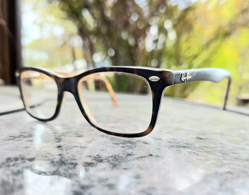 May include: Ray-Ban eyeglasses with a tortoiseshell frame. The rectangular glasses have clear lenses and a silver logo on the temple. The background is blurred, suggesting an outdoor setting. The frame is brown and black.