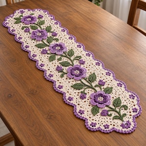 Purple Flower Vine Floral Crochet Table Runner Pattern PDF | Floral Crochet Table Decor | Botanical Home Decor | Visual IMAGES