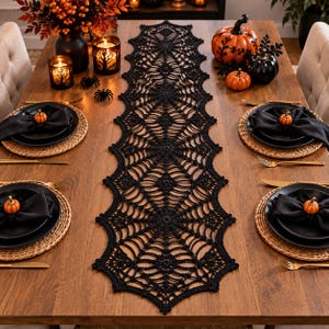 Black Spiderweb Halloween Table Runner Crochet Pattern PDF | Spiderweb Crochet Runner | Halloween Decor | Spooky Home Decor | Visual IMAGES