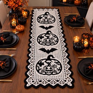 Puede incluir: Un camino de mesa rectangular de ganchillo con un patrón de rejilla blanco y un borde festoneado negro. El diseño incluye tres grandes motivos de calabazas negras con caras talladas, rodeadas de pequeñas siluetas de fantasmas y murciélagos.