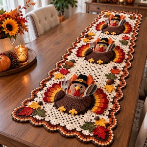 May include: A cream-colored crocheted table runner featuring three brown turkey-shaped utensil holders. Each turkey wears a black hat and has a colorful tail of red, orange, and yellow feathers. The runner is decorated with crocheted autumn leaves.