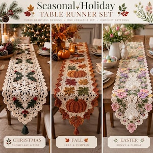 Puede incluir: Un juego de tres caminos de mesa de ganchillo con diseños estacionales. El primero muestra copos de nieve blancos y ramas de pino verdes. El segundo presenta calabazas naranjas y hojas de otoño. El tercero exhibe conejitos blancos y flores coloridas.