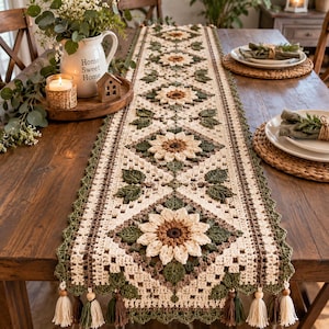 May include: A rectangular crochet table runner featuring a repeating pattern of cream-colored sunflowers with brown centers, interspersed with dark green leaves. The runner has a scalloped edge and is finished with hanging tassels in cream and brown.