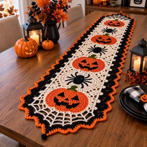 May include: A rectangular crochet table runner featuring a repeating pattern of orange jack-o'-lanterns and black spiders on a cream-colored web background, finished with a scalloped black and orange border along the entire outer edge.