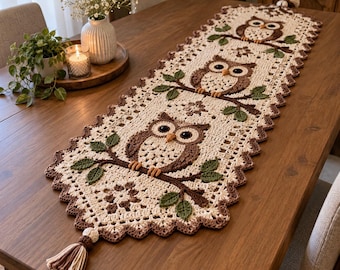 Owl Crochet Table Runner Pattern PDF | Woodland Crochet Table Decor | Owl Table Runner | Forest Home Decor | Visual IMAGES
