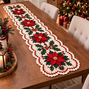 May include: A long, rectangular crochet table runner featuring a cream-colored base with a scalloped red border. The runner is decorated with repeating patterns of red poinsettia flowers, dark green leaves, small red berries, and brown pinecones.