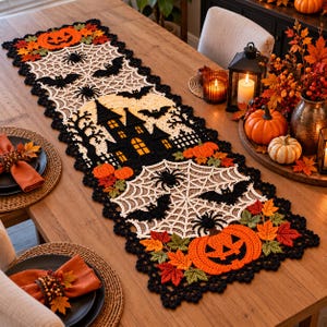 May include: A rectangular crochet table runner featuring a central black haunted house silhouette, white spiderwebs with black spiders, black bats, and orange jack-o'-lanterns surrounded by colourful autumn leaves with a black scalloped border.