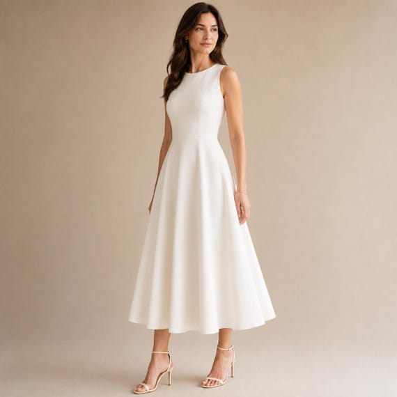 mid calf a line dress Ivory Sleeveless Midi Dress, Summer Dress, Round Neck Fit and Flare Tea length Size:US 6 / UK 10 / EU 36 Web Collection: Winter Sun Royal Blue A Line Handmade vintage fit