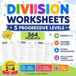 Könnte beinhalten: Pädagogische Divisionsarbeitsblätter mit 364 Aufgaben in 5 progressiven Schwierigkeitsstufen für die Klassen 2-4. Das farbenfrohe Design enthält eine gelbe Sternfigur, mathematische Gleichungen und Symbole für PDF-Downloads und Druck.