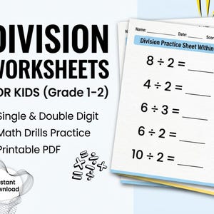 Printable Division Worksheets, Math Drills, Single Double Digit, Grade 1-2 (PDF Pattern)