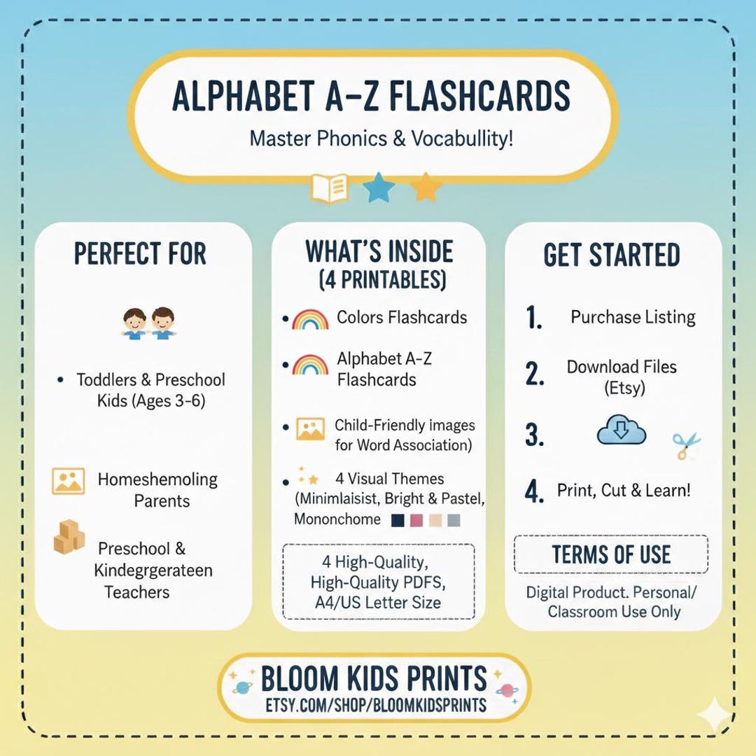ABC Flashcards, Preschool Learning, 4 Color Themes (digital Download - Etsy