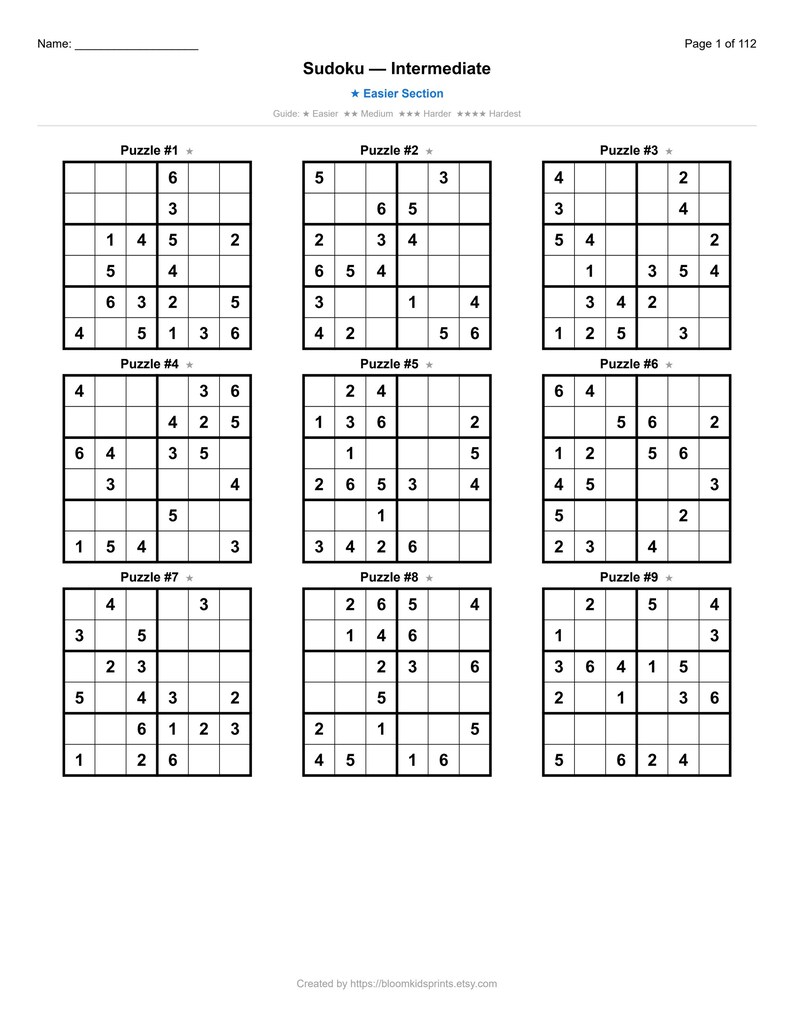 Printable PDF Easy Sudoku for Kids 6x6 - 1000 Children's Puzzles With ...