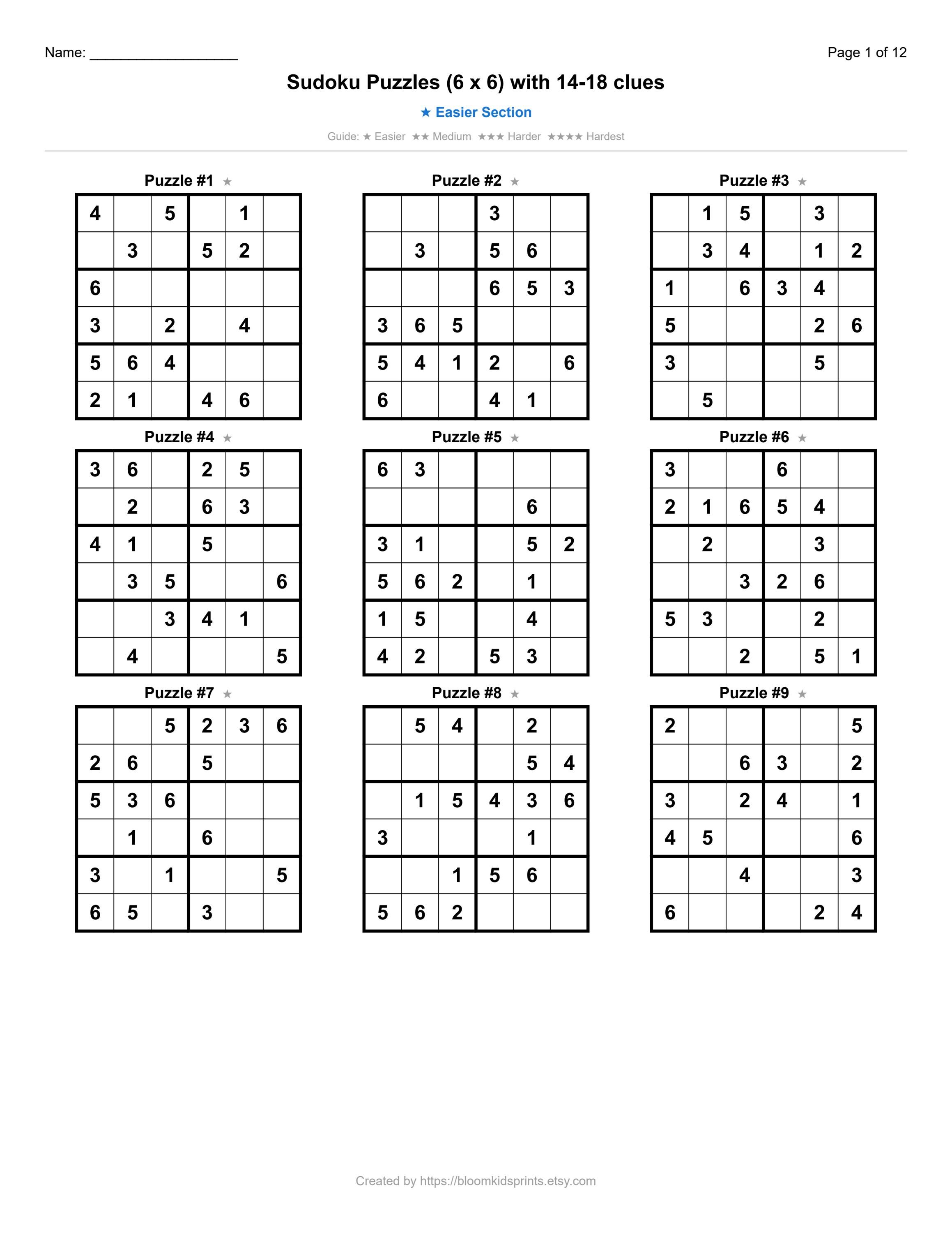 Printable PDF Easy Sudoku for Kids 6x6 - 100 Children's Puzzles With